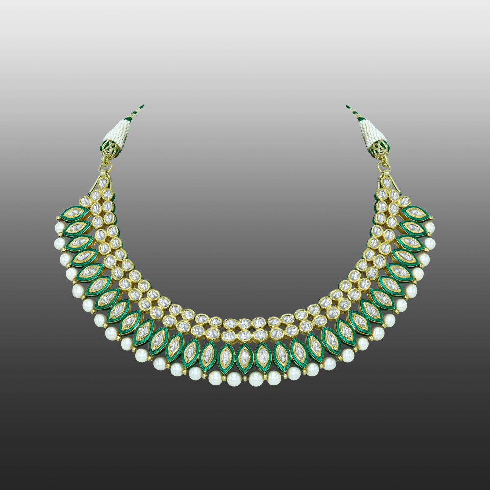 Polki Diamond Necklace with Green Enamel and Pearls